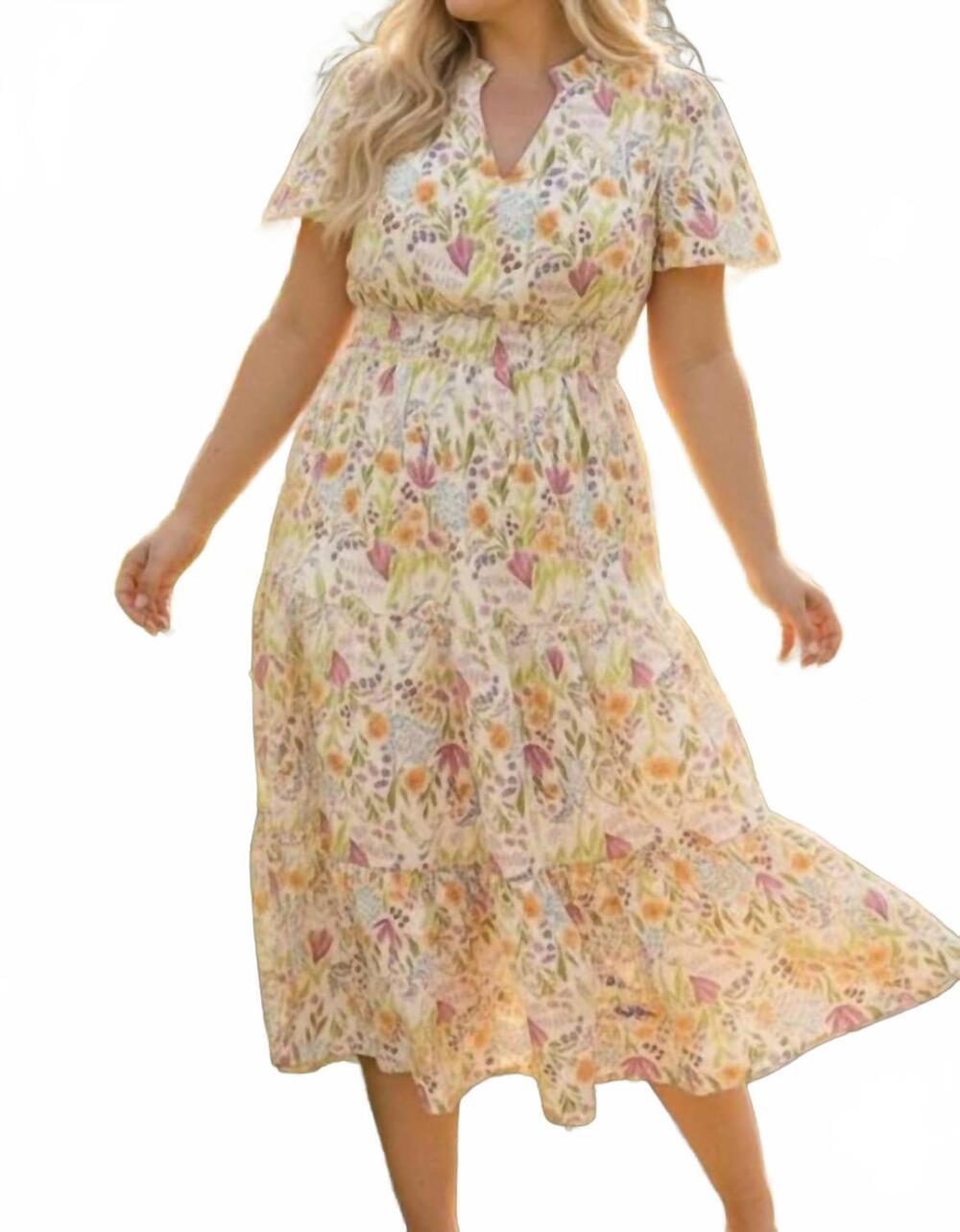 NEW HAPTICS smocked waist tiered floral dress - plus in white